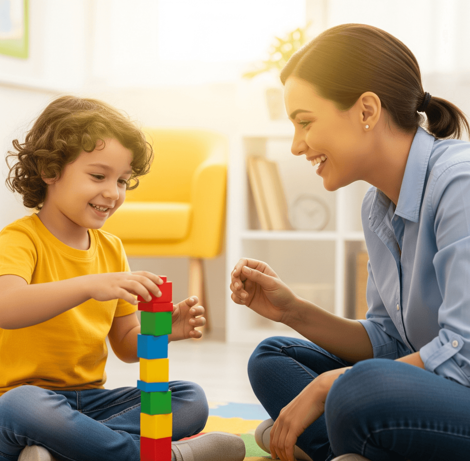 Happy child engaging in play therapy, symbolizing positive support for autism and neurodevelopmental differences.